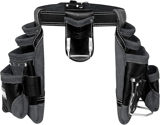FUERI 16 Pocket Leather Tool Belt for Men, Comes with Heavy Duty Tools Pouches, 3 Hammer holders, Adjustable Belt, Carpenter tool Organizer for Carpenter, Construction, Electrician Rig.