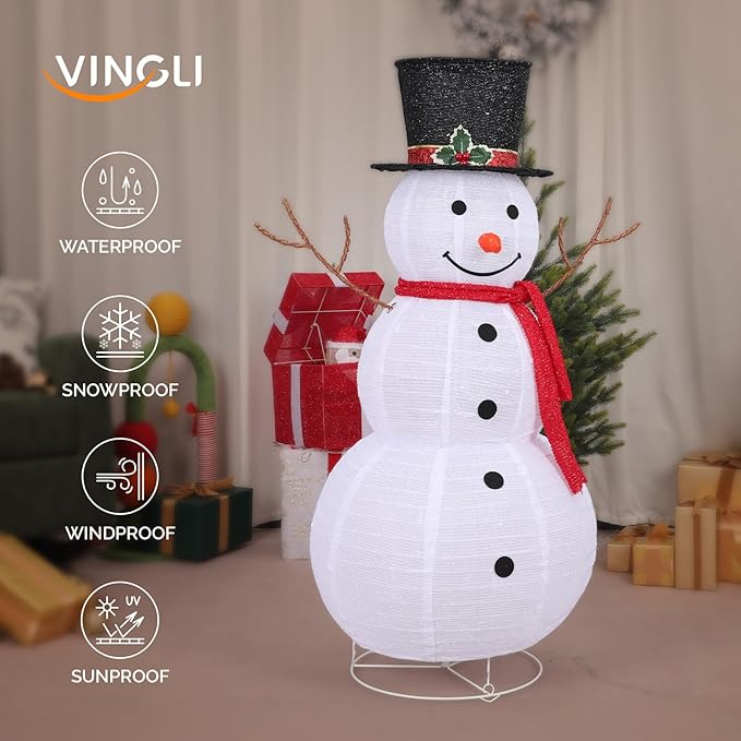 VINGLI 4FT Lighted Christmas Snowman Outdoor Decorations, Prelit 90 LED Snowman Decor with Stakes, Weatherproof Indoor Outdoor Yard Lawn Garden Patio Pathway Front Porch Xmas Holiday Display