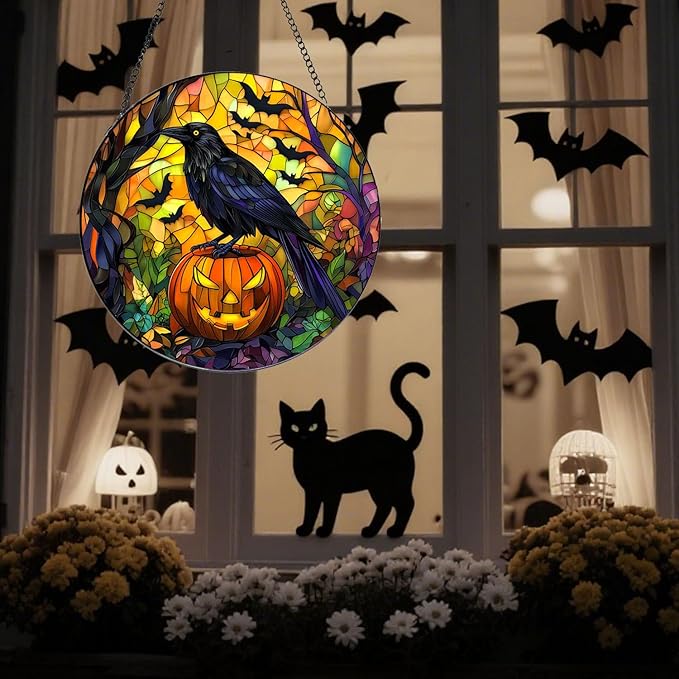 Crow Stained Glass Window Hanging,Halloween Window Decor, Fall Hanging Ornaments for Women Round Stained Glass Panels Ornaments for Fall Gift,Housewarming Gift, (A Style)