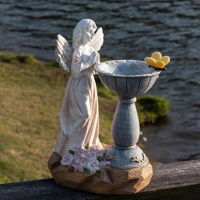 Natelf Solar Resin Angel Statue Outdoor Decor Figurine Garden Art with Glowing Flowers, Night Light for Patio, Ornament Yard Decorations for Patio Gift for Mom, Housewarming