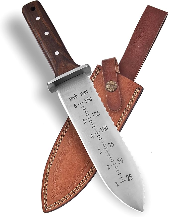 Namibagata Japanese Steel Hori Hori Garden Knife, Insulation Knife Straight Blade Hori Hori Garden Knives use as Digging, Weeding knives, Planting Knives & Sod Cutter | 12" Stainless Steel with Cutting Edge, Full-Tang walnut Wood Handle with Sheath