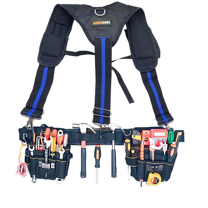 AISENIN Tool Belt Suspenders Construction Work Suspenders with Magnet Pocket, Large Moveable Phone Holder, Pencil Holder