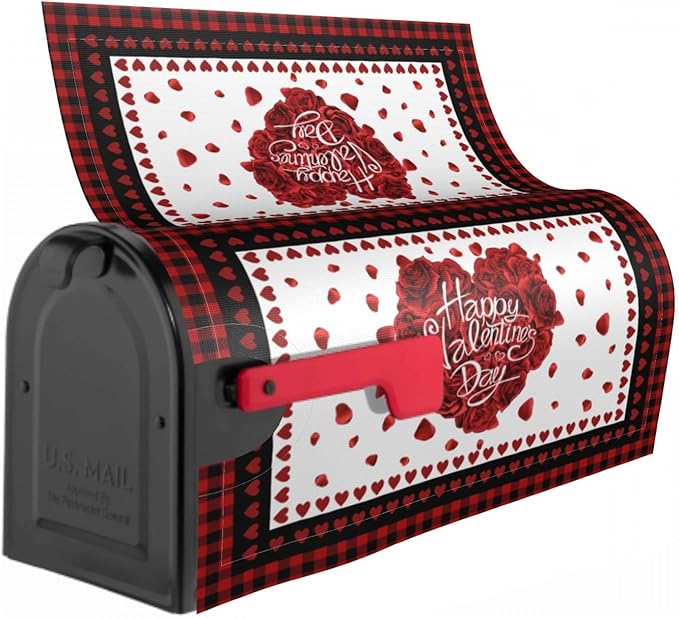 Valentines Day Love Heart Mailbox Cover - Magnetic, Black Red, Standard Size 18" X 21" for Outside Garden Decorations