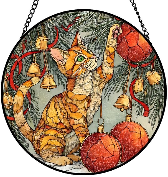 Stained Glass Window Hanging – 7.8 in Cat and Christmas Ornaments Panel with Chain， Bathroom Front Door Living Room Garden Decor， Gift for Mom Wife Lovers