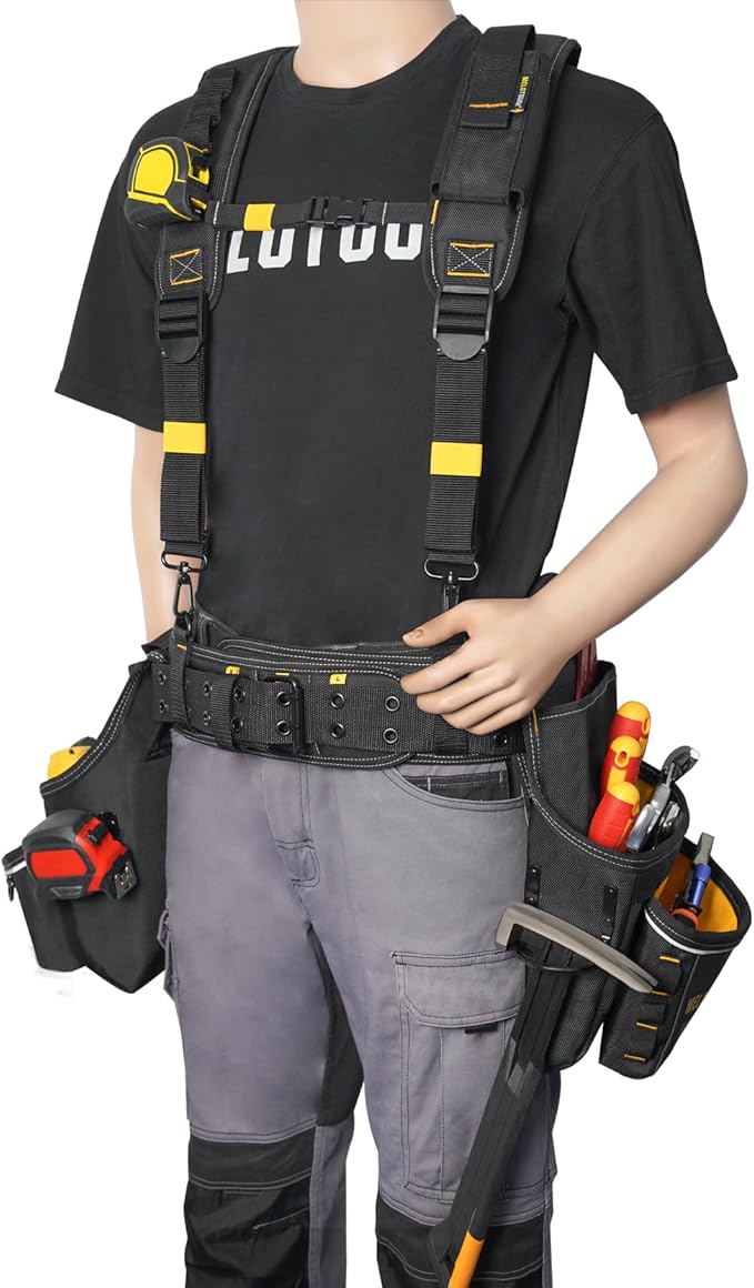 MELOTOUGH Carpenters Tool Belt with Suspenders Professional Tool Belt Combo Organizer With Tool Pouch Suspenders with 32 Pockets and Loops fits 33"-47"Waist for Electrican/Contractor/Technican(Yellow)
