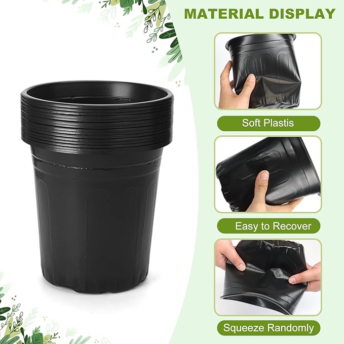 30Pack Small 2 Gallon Flexible Plant Nursery Pots, 8 inch Soft Plastic Seedling Pots, Seed Starting Pot Flower Plant Container for Succulents, Cuttings, Transplanting Seedlings - Black