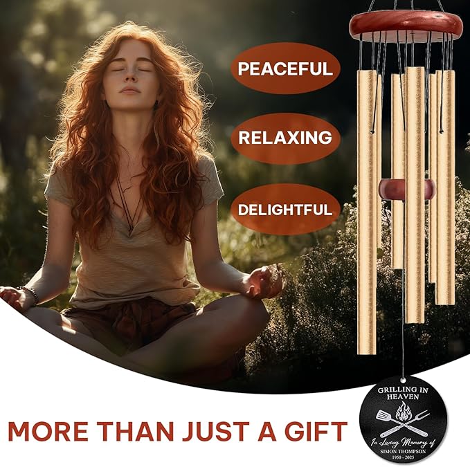 Personalized BBQ Memorial Wind Chime – “Grilling in Heaven” Custom Name & Years – Silver Engraved Grill Master Tribute – Outdoor Sympathy Gift – Memorial Wind Chimes for Loss of Loved One