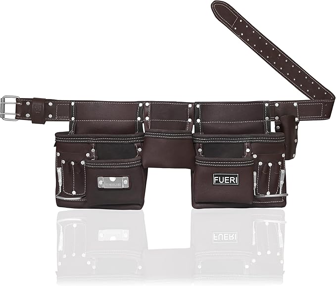 FUERI 11 Pocket Leather Tool Belt fot Men, Comess with Dual hammer holster Organizer for Carpenter, Construction, Electrician