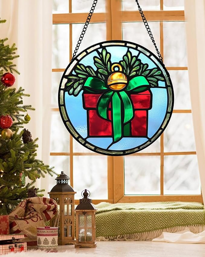 Stained Glass Window Hanging - Green Pine Branch Gift Box Suncatcher for Doors Home Christmas Decoration Winter Sun Catcher Thanksgiving New Year Birthday Gifts for Women Men Mom Nana 15 in