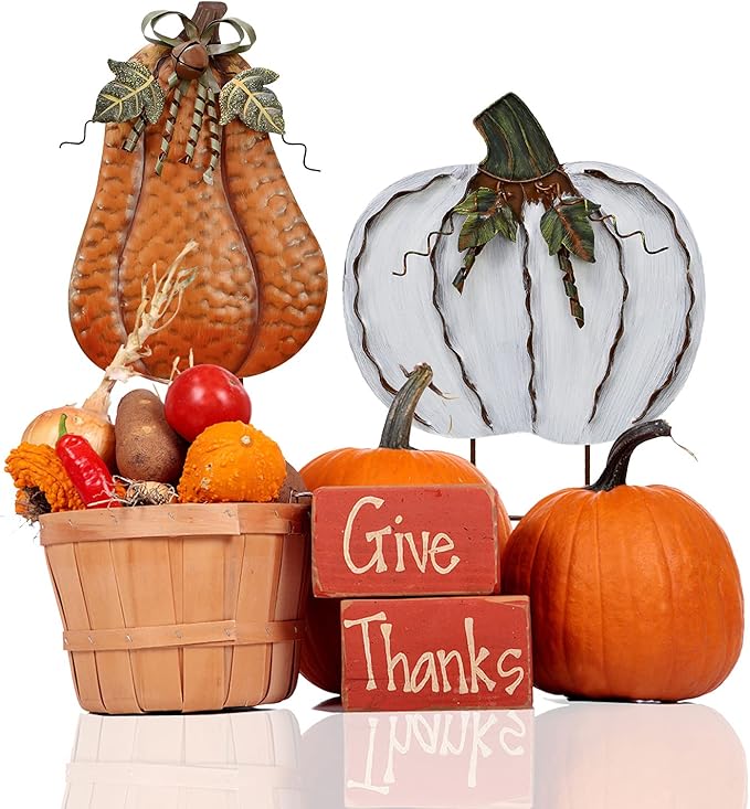 Veclotch 2set Pumpkin Garden Stake Metal Yard Sign Fall Decor, Decorative Decor Outdoor Stakes for Autumn Harvest Thanksgiving Halloween Rustic Decoration Home (White, 17''H)
