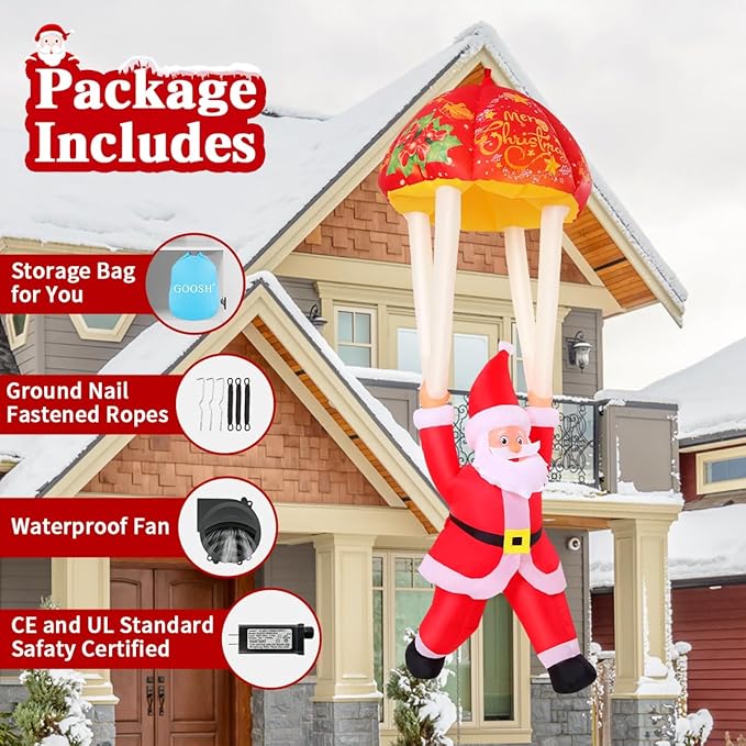 GOOSH 8.2 FT Hanging Musical Christmas Santa Inflatables Decorations, Outdoor Parachute Santa Claus Blow Up Yard with Built-in LEDs for Indoor Party Yard Garden Lawn Decor