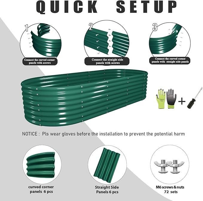 1 Pack 8x3x2FT Galvanized Raised Garden Bed Kit Oval Metal Ground Planter Box Outdoor Bottomless Planter Raised Beds for Vegetables Flowers Herbs Fruits, Green