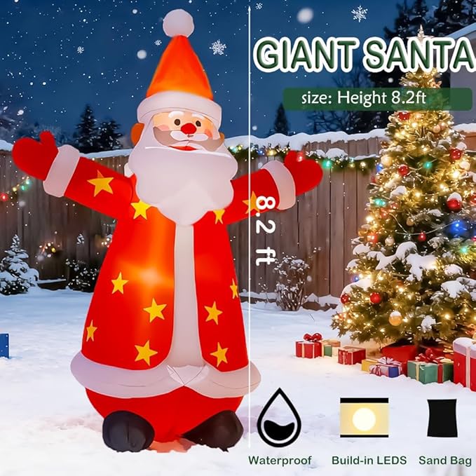8FT Christmas Inflatables Santa Claus Outdoor Yard Decorations, Christmas Blow up Santa with LED Lights, Winter Outside Decor for Holiday Party Patio Garden Lawn, Xmas New Year Kids Gifts