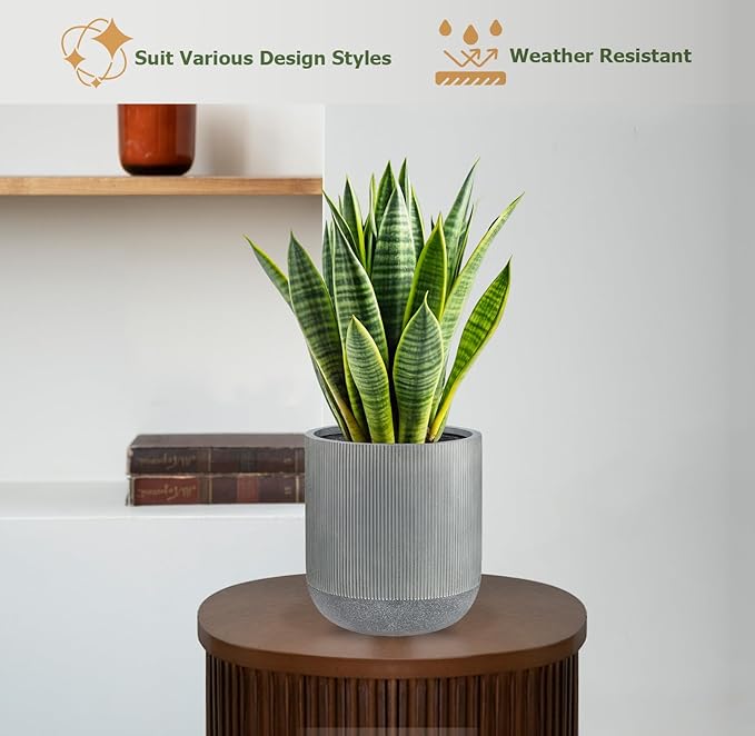 14.2" H x 13" D Ribbed Radius Fiberstone Round Planter - Christmas Tree Planter, Weather Resistant for Indoor and Outdoor Use, Included 2 Extra Coco Mats (Charcoal, 11.5" Pot Opening)