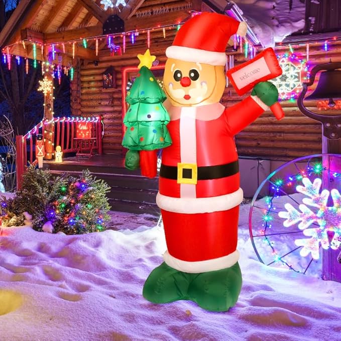 6Ft Christmas Inflatables Santa Gingerbread with LED Lights & Gift Box, Giant Christmas Inflatables Yard Decorations, Xmas Blow Up Santa Claus, Indoor/Outdoor Christmas Decor for Holiday Patio Garden