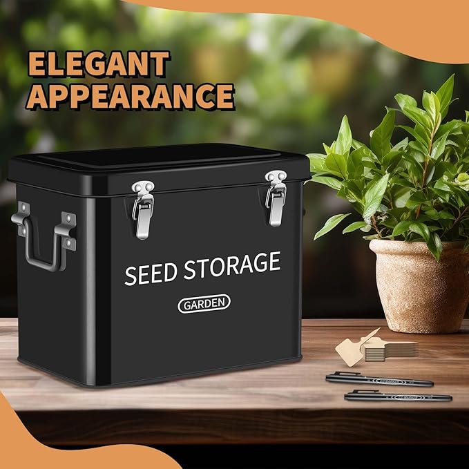 Blulu 85 Pcs Seed Storage Organizer 3 Compartment 30 Slot Metal Seed Saving Box with Lid and Lock with 1 Marker Pen, 20 Plant Labels, 30 Envelopes, 30 Bottles, Stickers for Garden Flower Plant(Black)