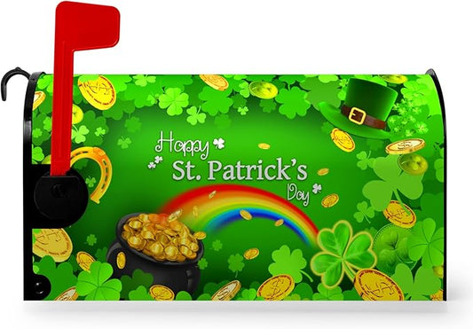 Happy St Patrick's Day Mailbox Cover Magnetic Large Size 25.5" X 21" Shamrock Clovers Rainbow Green Hat Oversized Mailbox Covers Gold Coins Patrick Mail Post Letter Box Wrap Outdoor Decor