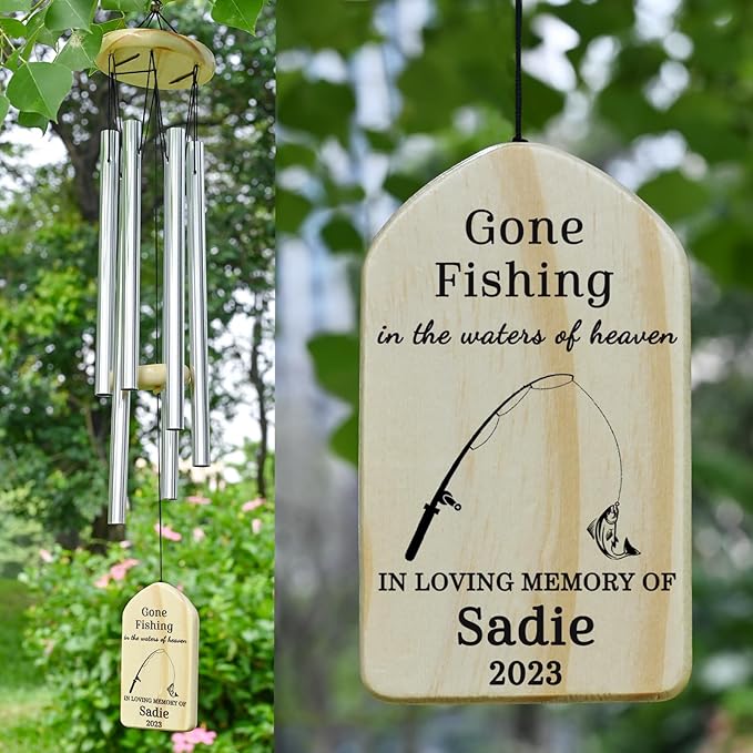 Fishing in Heaven Memorial Wind Chime - Sympathy, Memorial, Bereavement Gift for The Loss of a Father or Grandpa - in Memory of Those Who Loved to Fish