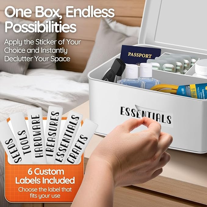 Flexzion Tin Storage Box with Removable Tray, 8 Inch Seed Organizer Box and Metal Seed Holder Organizer with Hinged Lid, Toolbox Container for Crafts, Hardware, Tools, Essentials, White