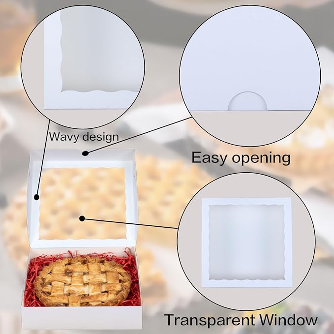 RomanticBaking 50pcs 10x10x2.5 Inches White Bakery Boxes - Pie, Cookies, Chocolate Covered Strawberries & Breakable Heart Boxes for Valentine's & Christmas