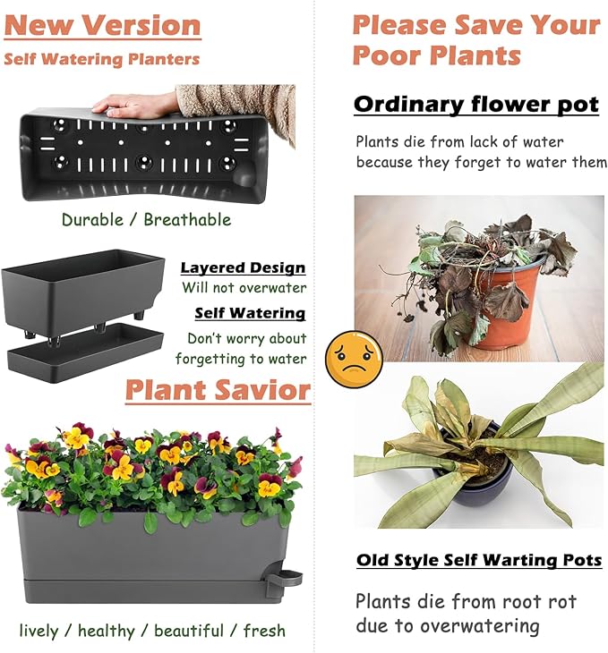 4 Pack Self Watering Pots for Indoor Plants 17 Inches Window Boxes Planters Rectangular Flower Pots Rectangle Herb Pots Large Plant Pots with Drainage Holes and Saucers Windowsill Planter, Grey