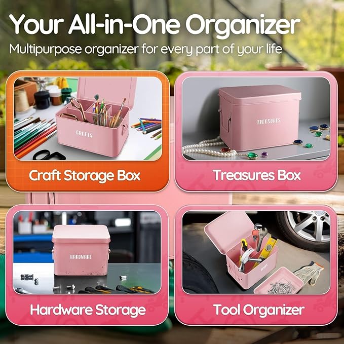 Flexzion Tin Storage Box with Removable Tray, 8 Inch Seed Organizer Box and Metal Seed Holder Organizer with Hinged Lid, Toolbox Container for Crafts, Hardware, Tools, Essentials, Pink