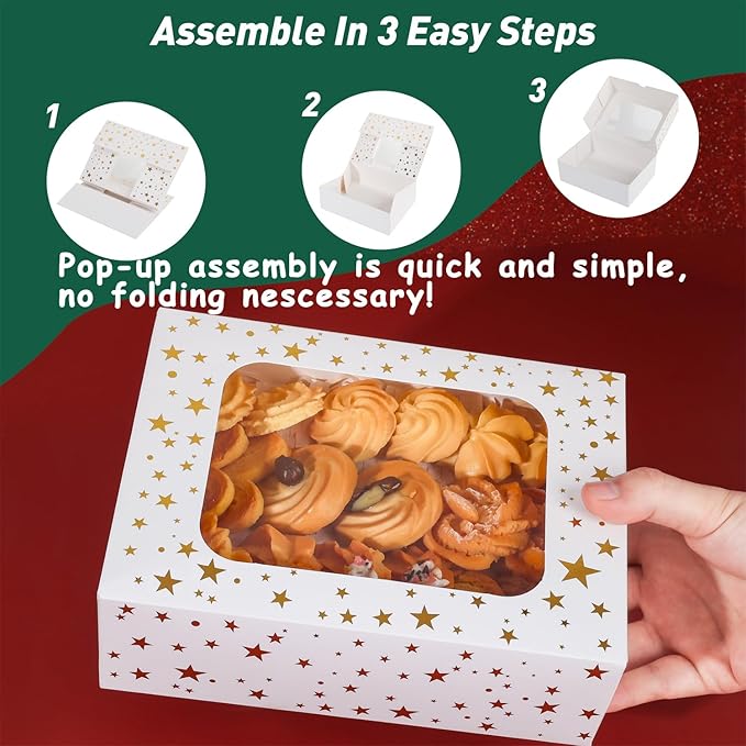24Pcs Christmas Cookie Boxes with Window - Gold Foil Star Pastry Boxes for Gift Giving, Bakery Boxes, White Christmas Cookie Tins with Lids,Dessert, Donut, Baked Goods Packaging