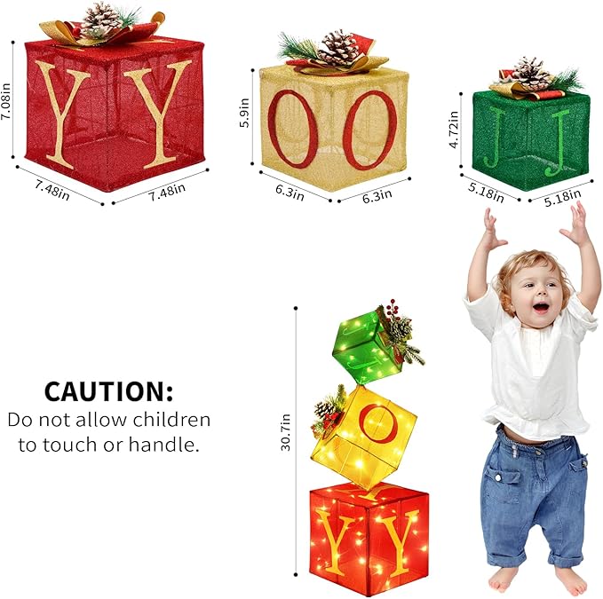 Christmas Joy Lighted Gift Boxes Decorations Set of 3, 2.6Ft Stackable Christmas Nesting Boxes Battery Operated for Home and Party Decoration
