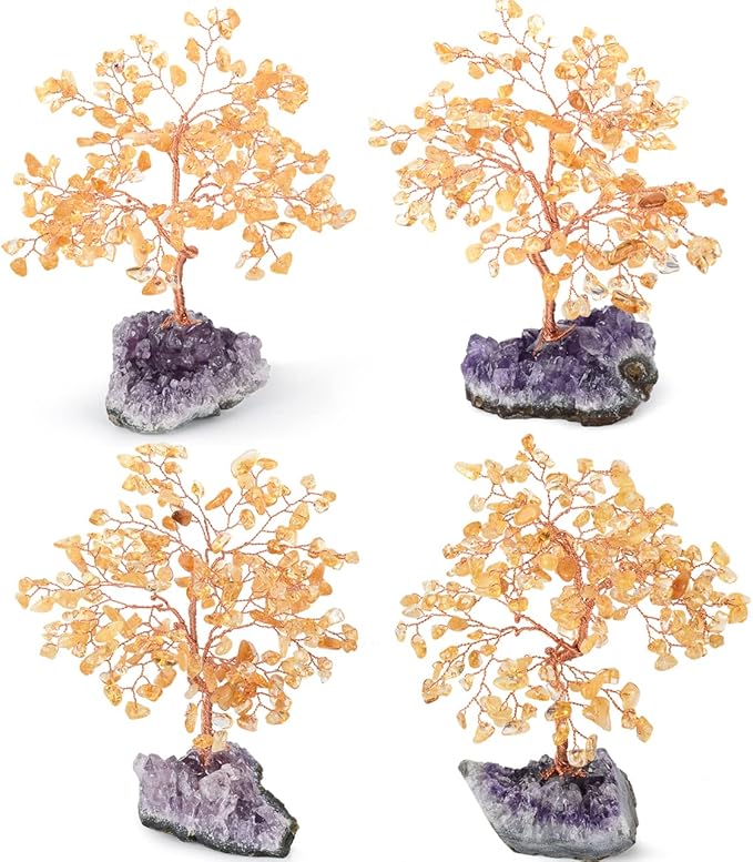 Natural Citrine Crystal Tree with Amethyst Geode Base,Healing Crystals Feng Shui Bonsai Money Tree,Chakra Balancing Positive Energy Home Decor 5.5"-6.3"