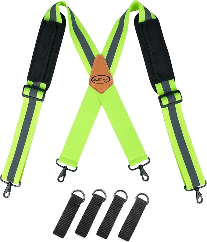 MELOTOUGH High Visibility Tool Belt Suspenders Safety Reflective Tool belt Harness for Heavy Duty Work belt with Movable shoulder Pads, Quick lobster clasp (4 point support with high visibility)