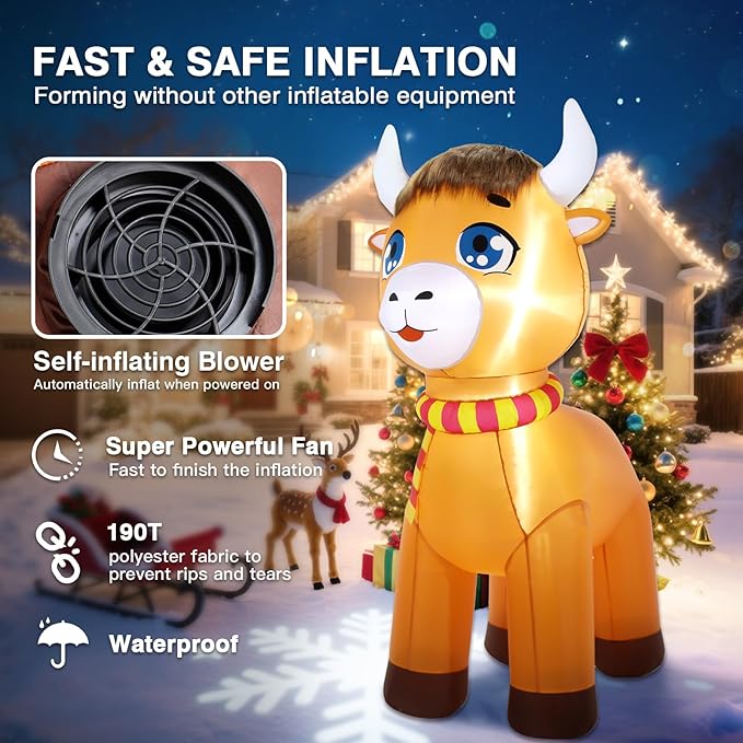 Christmas Inflatable Outdoor Decorations, 6FT Inflatables Highland Cow Spring Yard Decor, LED Lights Blow up Highlander Cattle Calf Holiday Decorations for Farm Ranch Indoor Outside Lawn Garden
