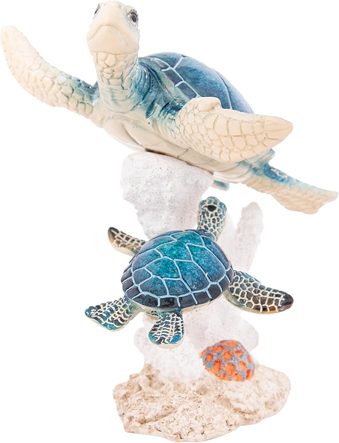 Sea Turtle Decor Figurine Blue Turtles Swimming on Coral Reef Base Beach House Coastal Decor
