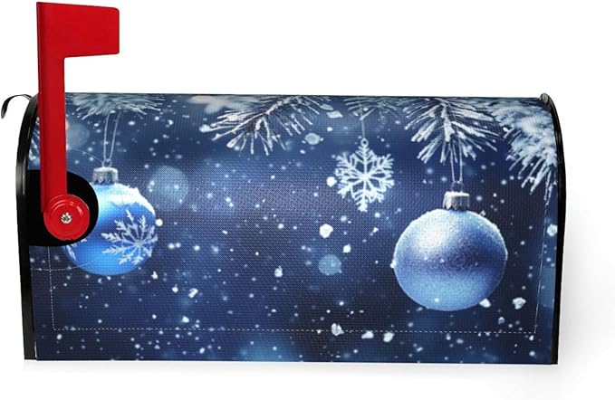 Festive Magnetic Mailbox Cover Blue Ball Christmas Pattern Outdoor Mailbox Protector Holiday Seasonal Decorative Garden Yard Home Standard Size 21 x 18 Inch