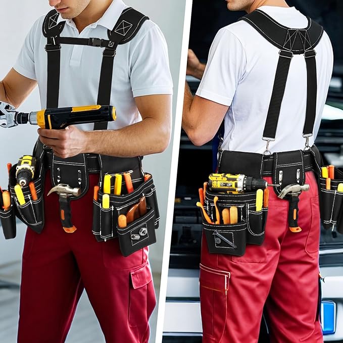 Tool Belt, Professional Tool Belts for Men, Magnetic Tool Pouch With Suspenders, Heavy Duty Detachable Adjustable Utility Belt Work Bags for Electrician, Carpenter (Black, 32''-66'')
