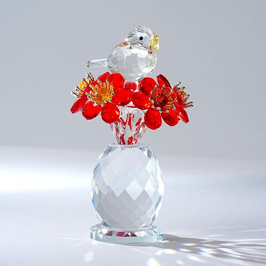 Crystal Bird & Forget-Me-Not Flower Figurine,3x4 inch Glass Flower Collectible Ornaments for Home Decor Table Centerpiece Glass Bouquet Flowers Keepsake Gifts for Women （Red）