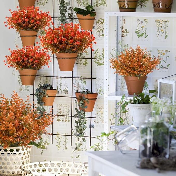 Happylife 6 Bundles Artificial Flowers, Fake Artificial Greenery UV Resistant No Fade Faux Plastic Plants for Wedding Bridle Bouquet Indoor Outdoor Home Garden Kitchen Office Table Vase (Orange Red)