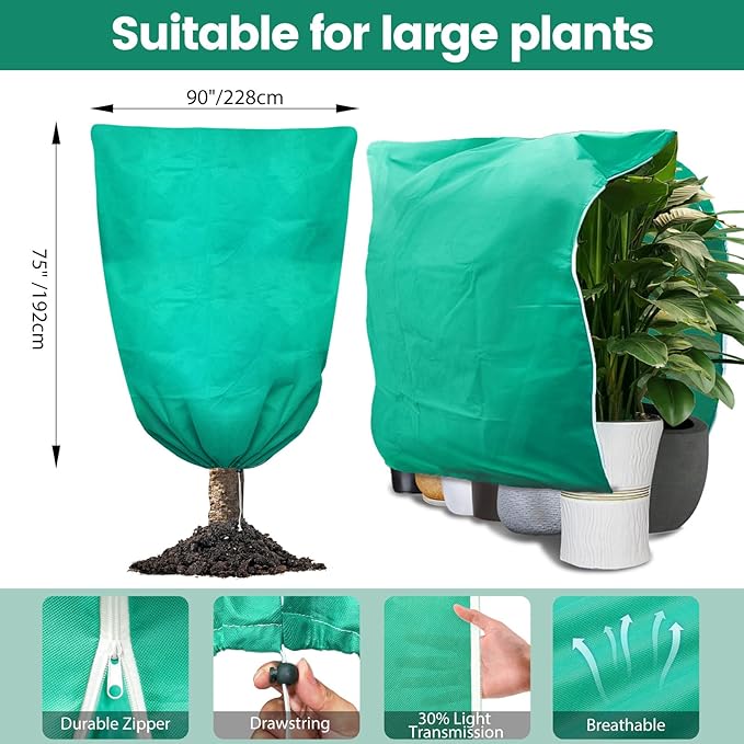 Plant Covers Freeze Protection, 2 Packs 75"W x 90"H Large Frost Cloth Blankets 2.47oz/yd² with Zipper Drawstring, Reusable Frost Tree Covers Shrub Jackets for Winter Outdoor Plants Potted Fruit Tree