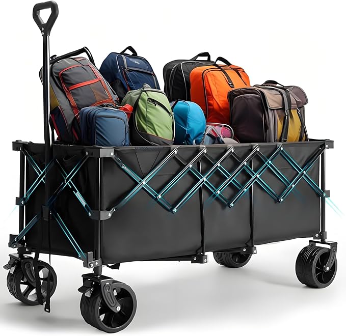 NEWBULIG Collapsible Wagon Cart - 440lbs Foldable Extra Long Heavy Duty Utility Wagon with Wheels, Portable Storage Grocery Cart for Camping, Shopping, Sports, Beach, Garden