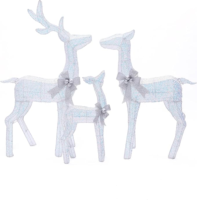 LuxenHome 3PCs Reindeer Christmas Decoration, Lighted Reindeer Family with Silver Bow and Ornament, 240 Cool White LED Lights, Front Porch Christmas Decorations Indoor & Outdoor Yard Decor