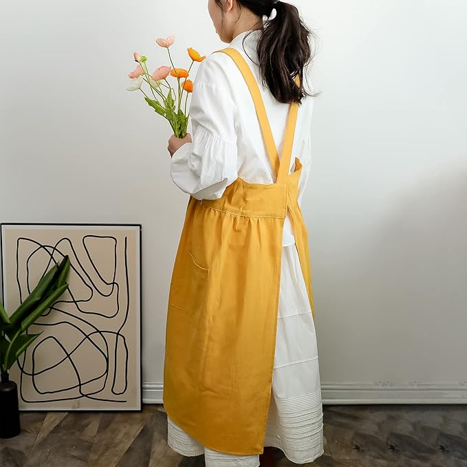 HANEE Cross Back Aprons for Women with Pockets | Japanese Style Cotton Apron | Cute Pinafore Smock for Kitchen etc (6 Colors)