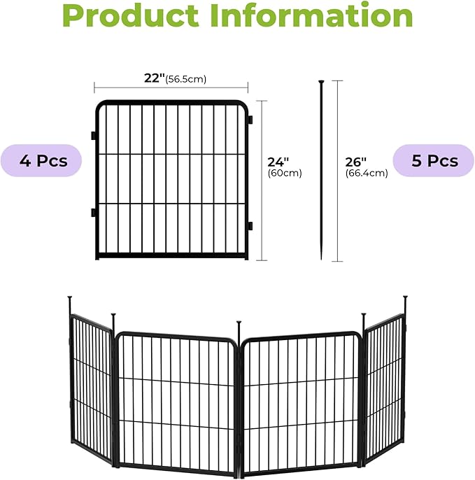 SunsGrove Garden Fence 24 in(H) x 7.4 ft(L) 4 Panels, Heavy Duty Metal Animal Barrier Fence for Dogs, Easy No-Dig Setup, Decorative Dog Fences, Black