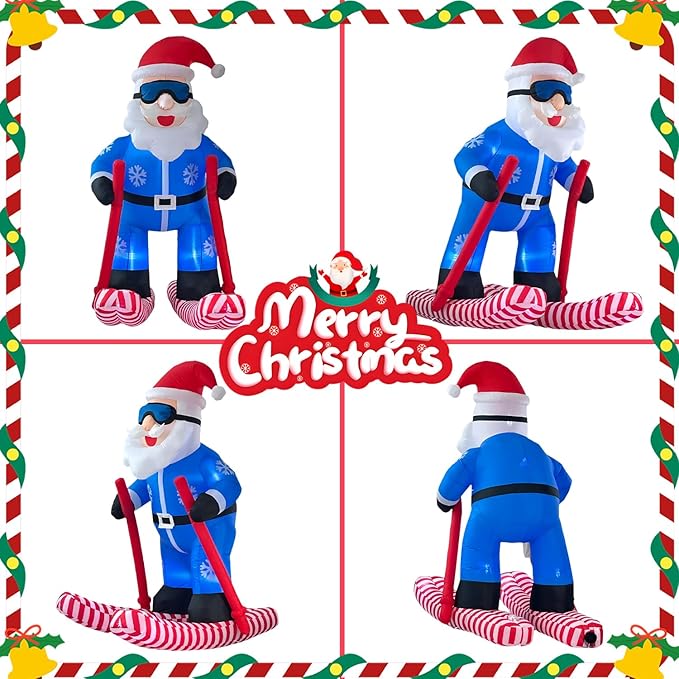 LANGXUN 8ft Skiing Santa Inflatable Outdoor Indoor Decor, Giant Blow Up IP44 Weatherproof Xmas Decorations for Yard, Built-in 7-Color LED Rotating Light for Gardern Lawn Winter Holiday