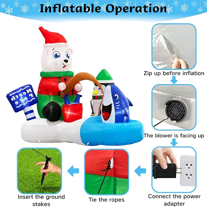 Christmas 5FT Giant Inflatables Outdoor Decorations Polar Bear Fishing with Penguin Blow UpCute Led Lighted Inflatable Yard Decor for Indoor Outside Lawn Garden Winter Xmas Holiday Vacation