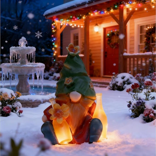 Solar Garden Statues Lights, 8.5" Christmas Outdoor Gnome Figurine with Auto On/Off for Yard Patio Decor, Gifts for Women, Grandma, Mom, Housewarming (Tipsy Bloom Gnome)