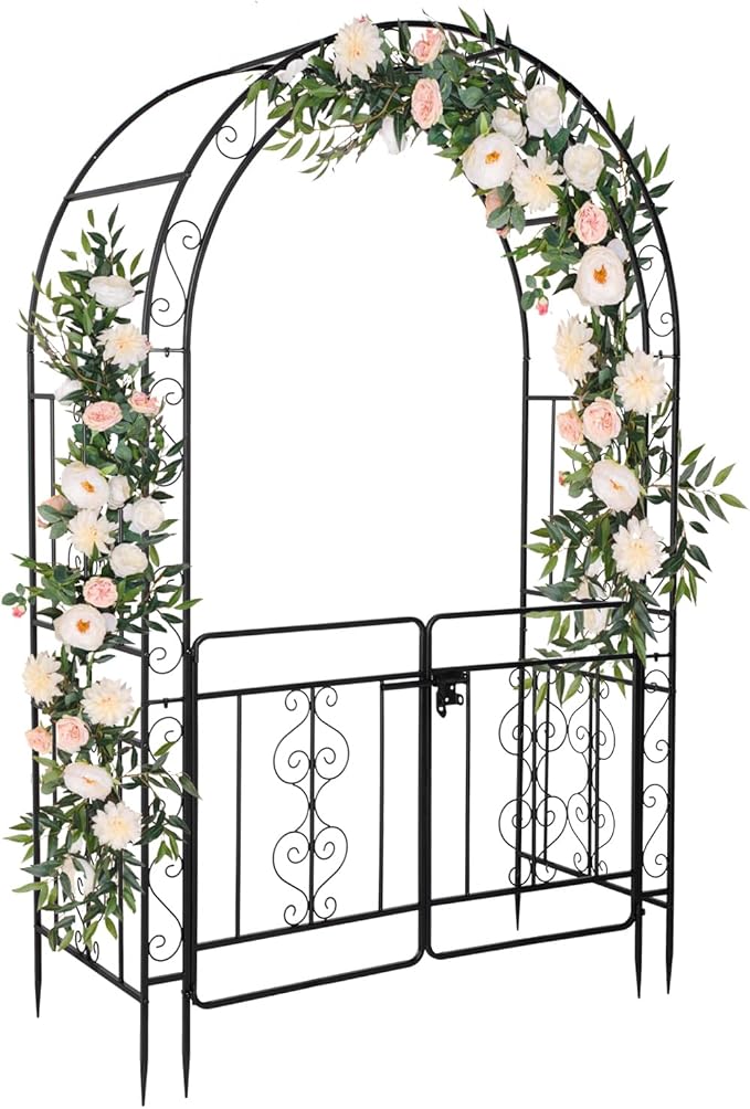 7FT Metal Garden Arch Trellis, Heavy Duty Metal Garden Arbor with Door for Climbing Plants Outdoor Patio, Double-Layered Trellis Arch for Wedding Ceremony Party, 53" x 84", Black, 13mm