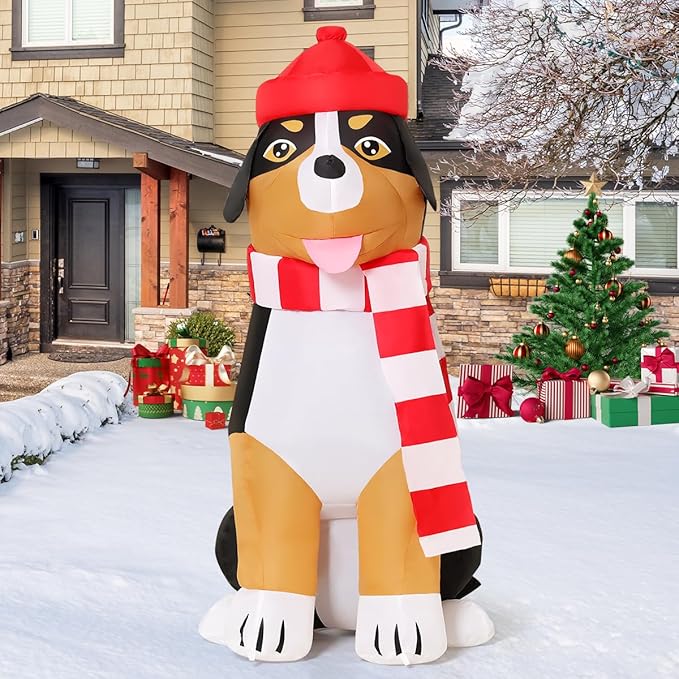 COMIN 4.5 FT Christmas Decorations Outdoor Inflatables Dog Christmas Scarf Blow Ups with Built-in LEDs for Yard Party Lawn Decor