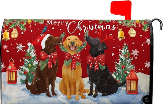 Merry Christmas Mailbox Covers Magnetic Standard Size Winter Dogs Mail Box Cover 21x18 inch Happy New Year Post Letter Box Cover Outdoor Decor for Garden
