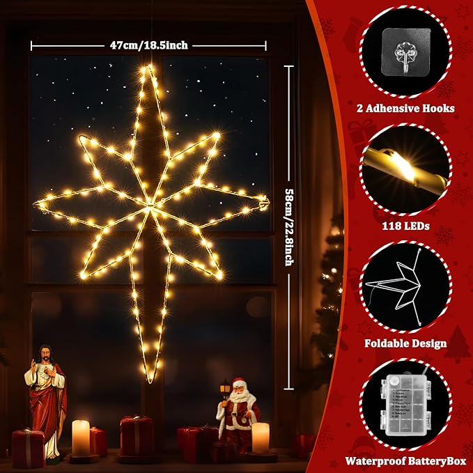 Marchpower Star of Bethlehem Christmas Window Lights, 22inch 118LEDs Warm White Xmas Window Lighted Decor Battery Powered, Waterproof Outdoor Christmas Star Light, Twinkle Fairy Light Timer - 2Pack