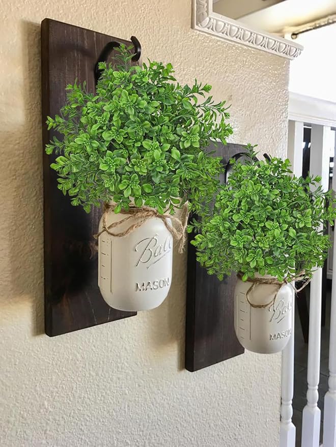 Artificial 5Pcs Faux Seeded Eucalyptus Leaves Stems Fake Plants Sharp UV Resistant Faux Plastic Boxwood for Kitchen Office Garden Porch Farmhouse Window Box Home Decor