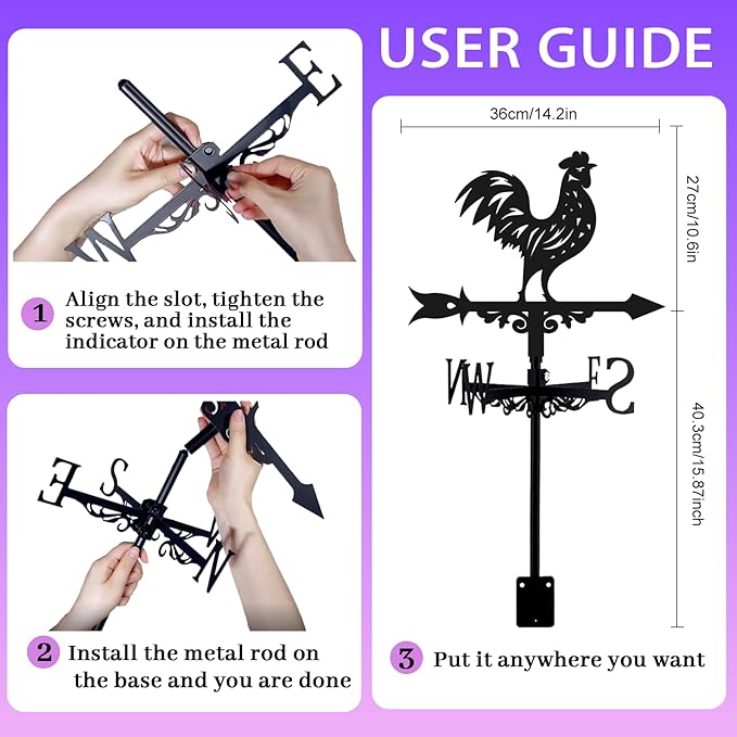 3D Rooster Weathervane Metal Wind Vane Weathercock Garden Decoration Wind Direction Indicator Stake Roof Mount Ornament for Farmhouse Yard Outdoor